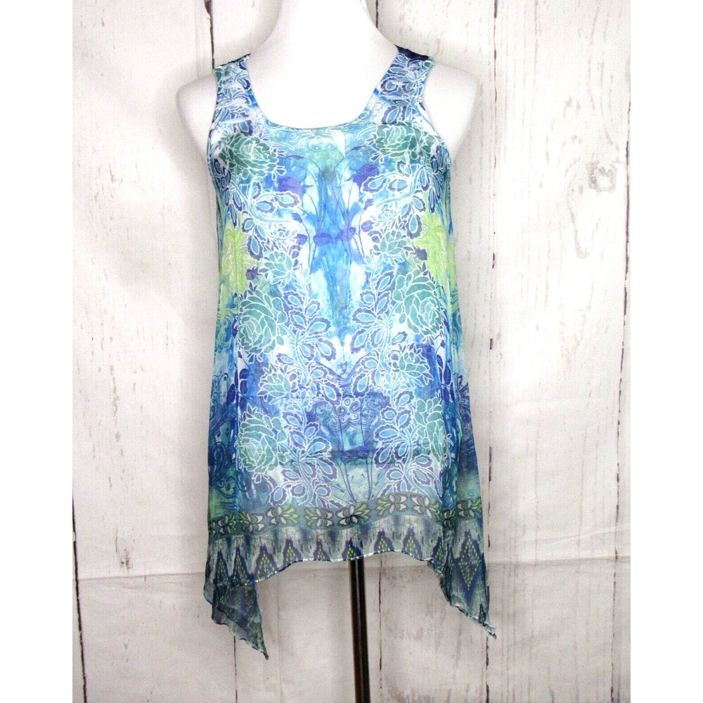 Live and Let Live Women's Sleeveless Sheer Overlay Top Blue Floral Lace Size S